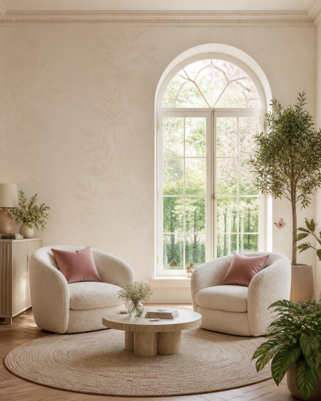 A calm, sunlit therapy room with cream armchairs, sheer linen curtains and a view of green hills